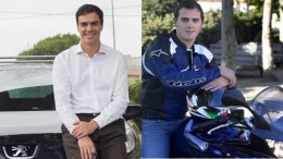 Albert Rivera y Pedro Sánchez, candidatos la Presidencia del Gobierno por C's y PSOE, con sus respectivos vehículos, Peugeot y Yamaha