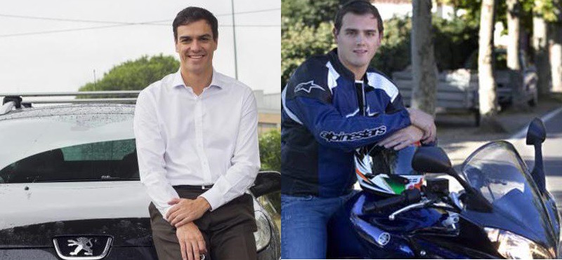 Albert Rivera y Pedro Sánchez, candidatos la Presidencia del Gobierno por C's y PSOE, con sus respectivos vehículos, Peugeot y Yamaha